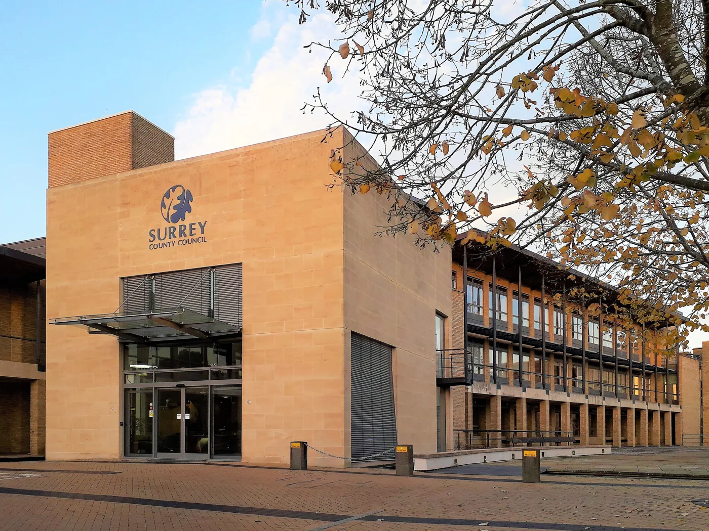 Woodhatch Place in Reigate, currently Surrey County Council's headquarters. From 1 April 2027 it becomes the main office of East Surrey Council, the authority that replaces Elmbridge Borough Council