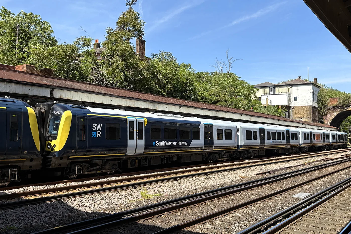 South Western Railway trains at Weybridge station in May 2026. No SWR trains ran on Christmas Day or Boxing Day last year