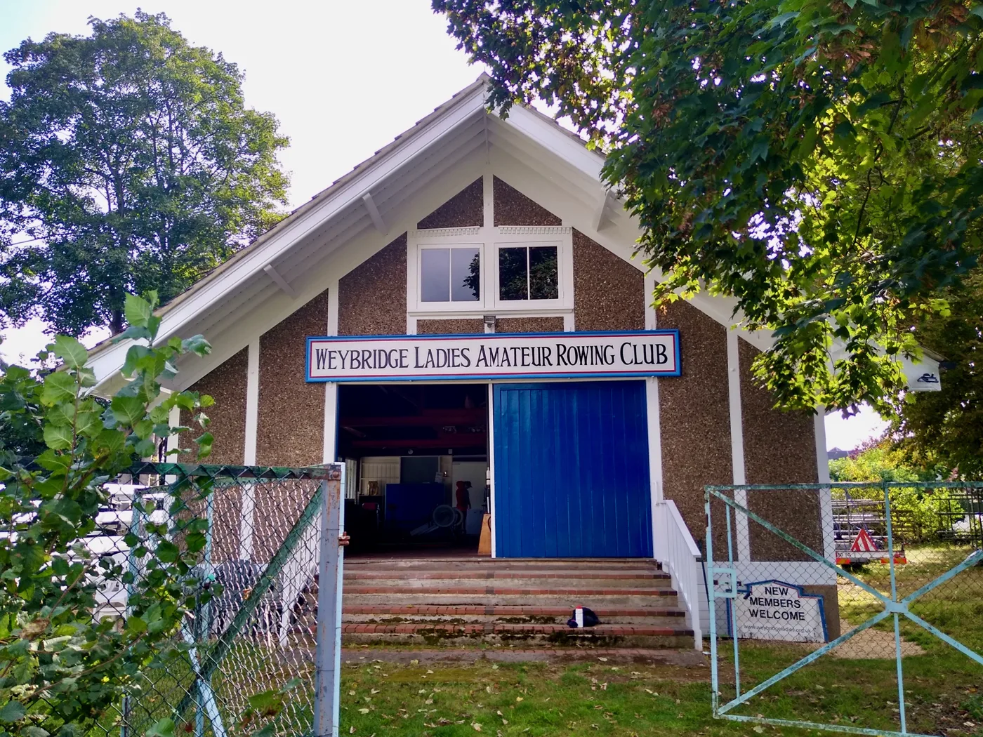 The Weybridge Ladies Amateur Rowing Club boathouse on the Thames towpath at Walton Lane, Weybridge. The club was founded in 1926 and needed a home of its own