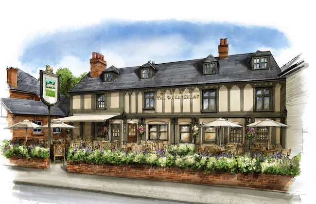 Artist's impression of The Wheatsheaf, Esher, after refurbishment: the timber-framed frontage with a canopy, parasols and planting along the pavement, published by the pub as a sneak peek.